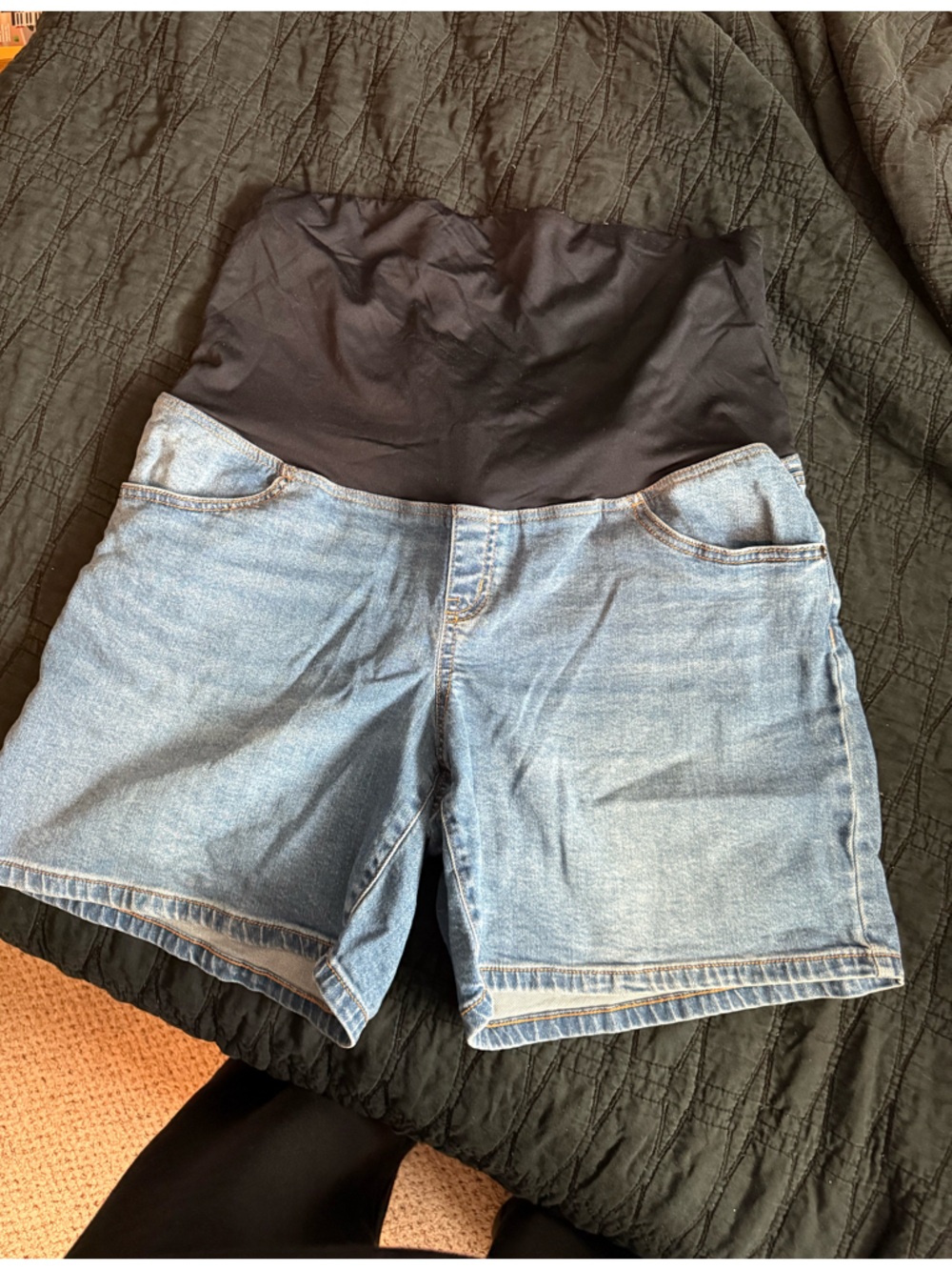 Light Wash Denim Maternity Shorts with Black Stretch Waistband